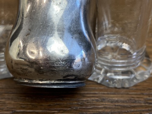 Antique 19c Sterling Silver Glass Lined Salt Pepper Shakers Footed ~ 38g Mono - Picture 10 of 10