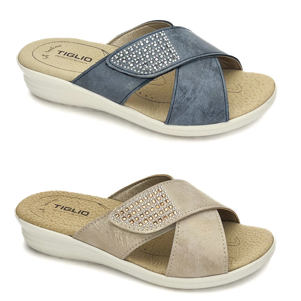 TIGLIO 2312 ARGENTO BEIGE BLU NUDE PANTOFOLE CIABATTE DONNA ESTIVE A STRAPPO - Immagine 3 di 4