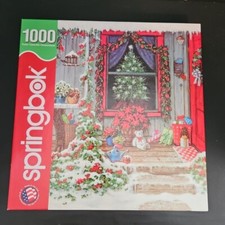 Springbok 1000 Piece Christmas Puzzle Poinsettia Porch doorway Tree In Window