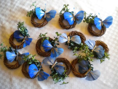 11 Seiden Blumen Reisig Kranz Schmetterling blau Buchs Tisch Teller Deko neu