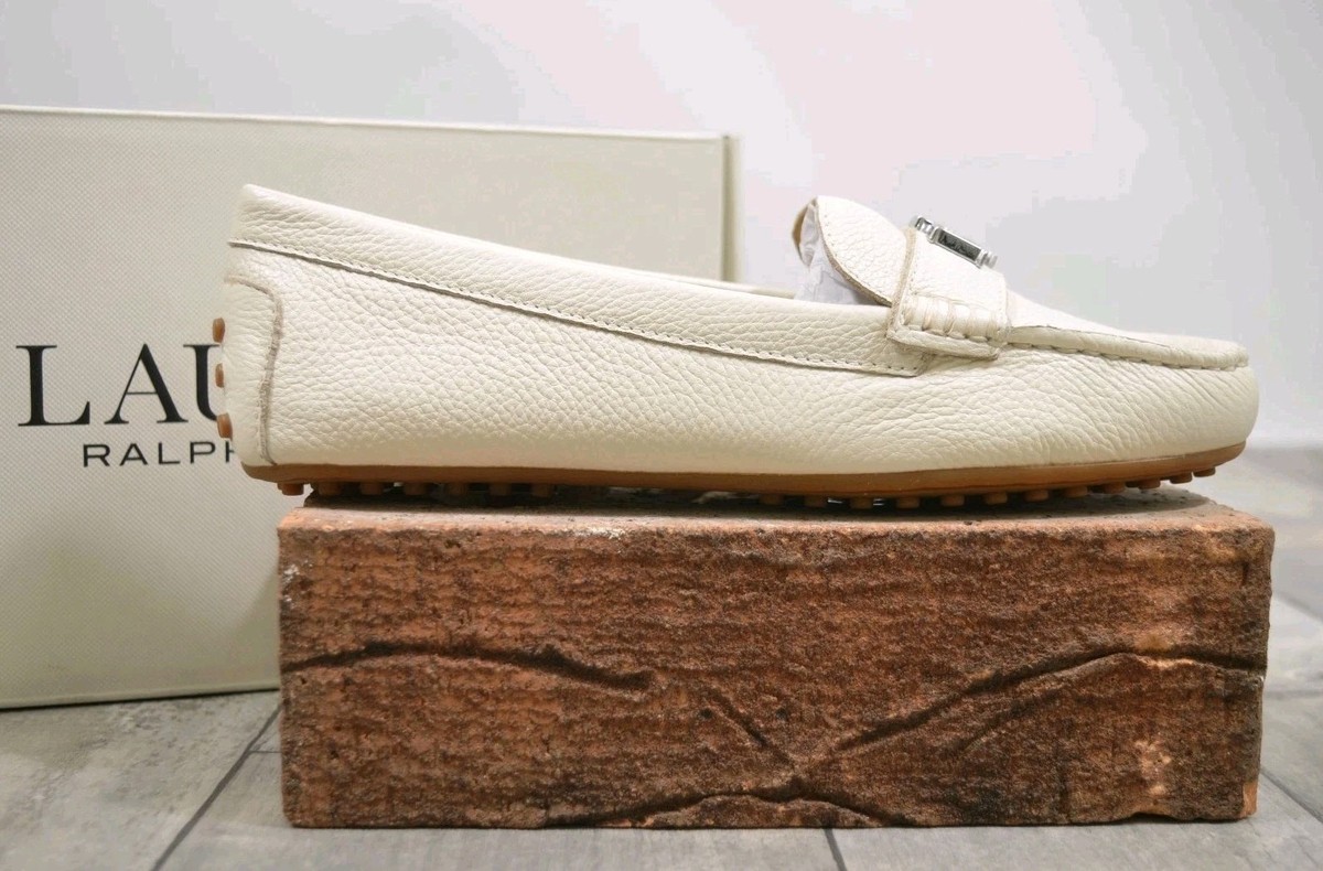Women's Ralph Lauren Cream White Leather Barnsbury Loafers Shoes