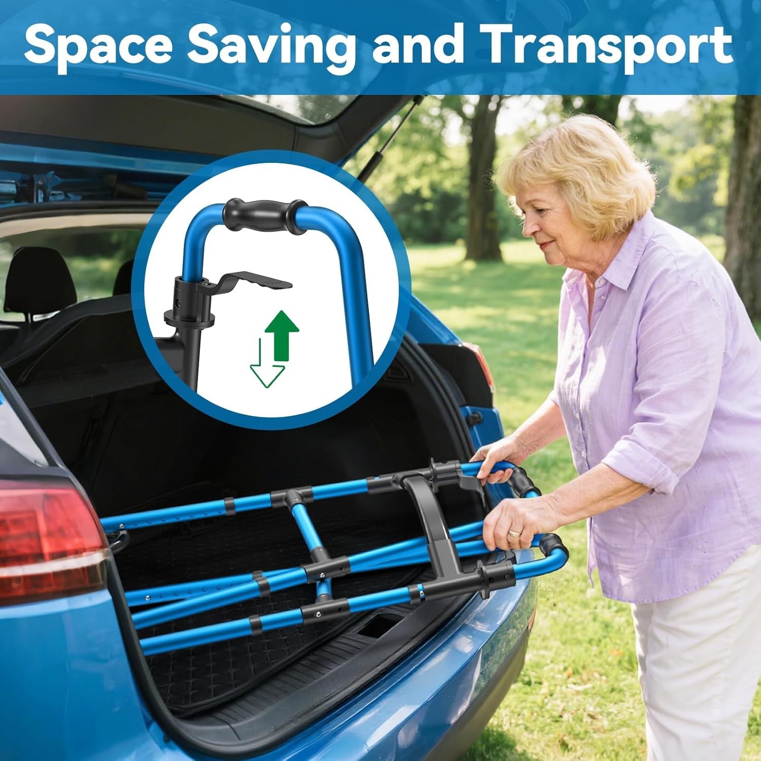 Folding Walker with 2 Skis and 5" Wheels Lightweight Walker Up to 350 Lbs BLUE