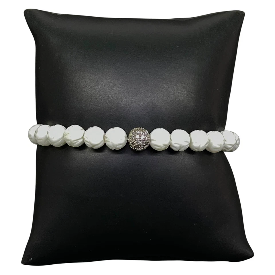 Handgemacht Stretch Armband 8mm Naturweiß Tridacna Schnitzerei Perlen & Cz Kugel - Bild 4 von 4