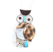 Owl Bird ZUNI Native American 925 Silver Brooch Pendant Necklace Pin 18" Chain