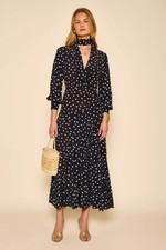 BNWT Rixo Marigold Bohemia Spot Deep Navy Silk Midi Dress SIZE: S PRP: £455
