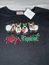 Quacker Factory Christmas FELIZ NAVIDAD Sheep Embroidery Black Top 3X