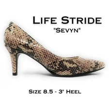 Life Stride Sevyn Pump Heels 8.5 Tan Brown Faux Snakeskin 3" Elegant Comfort