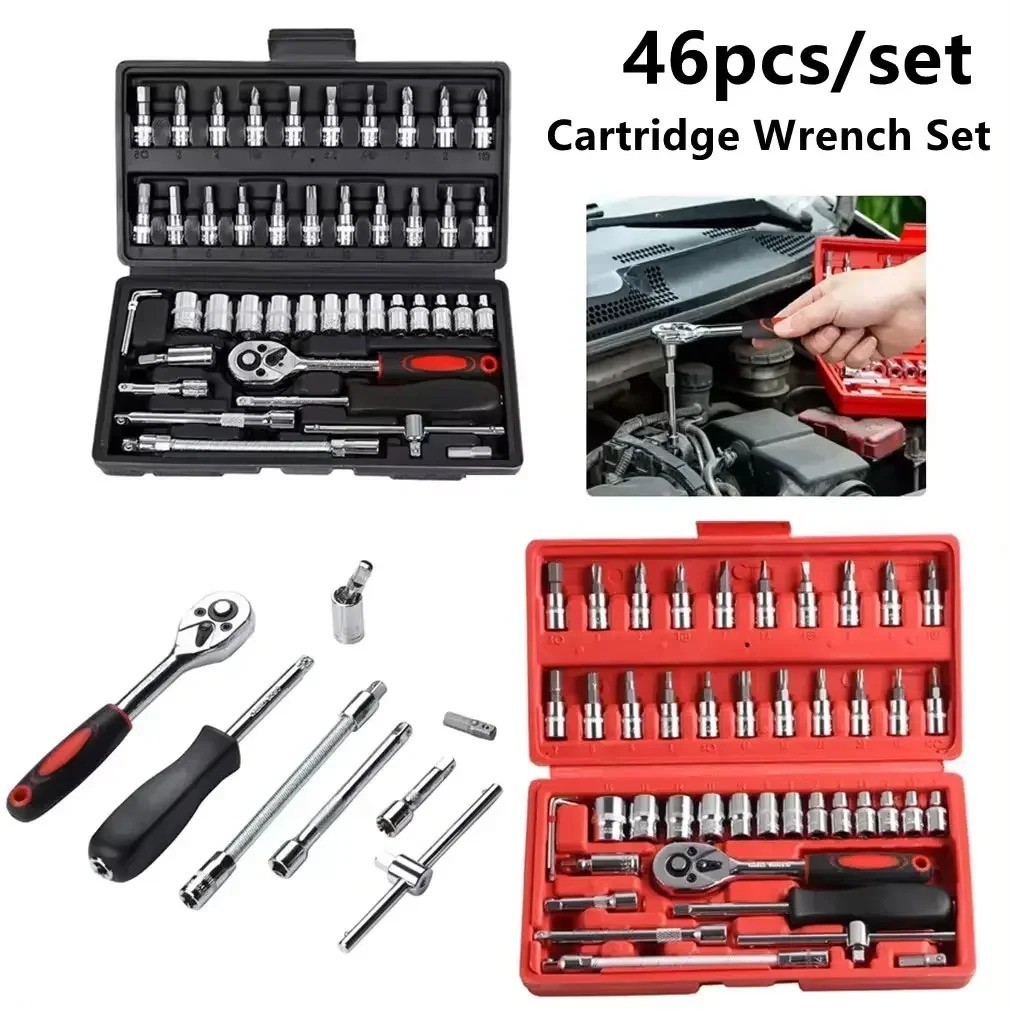 46Pcs Socket Wrench Set 1/4" Drive Ratchet Metric Tool Kit for Garage