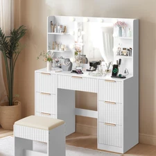 Makeup Vanity with Power Outlet & Storage, Fluted Dressing Table with 7 Drawers