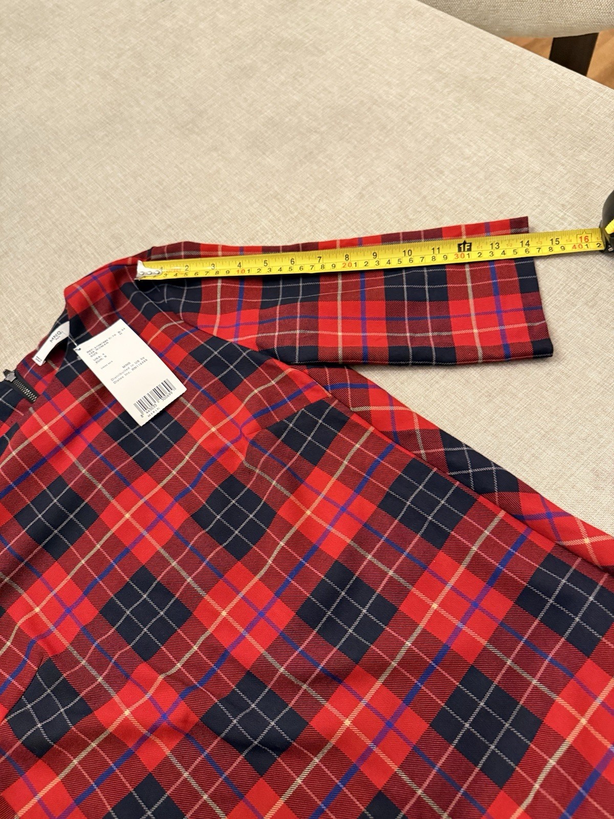 MNG Mango Dress Shift Plaid Black Red Academia Scoop Back 3/4 Sleeve Size 4 thumbnail 7