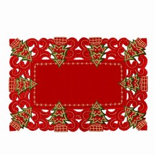 Set of 6 Embroidered Christmas Holiday Holly Tree Table Placemats, Rectangula...