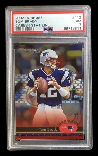2002 panini donruss #112 tom brady; career stat line /265 holo insert PSA 7
