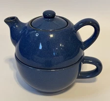 Pier 1 Tea For One Blue Stoneware Tea Pot Mug Cup Set, New. 