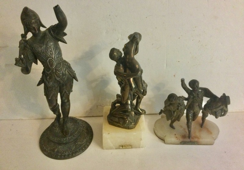3 Ant. Vtg. Statues Jester, Brousse En Vacancies, Abduction Woman - Need Restore