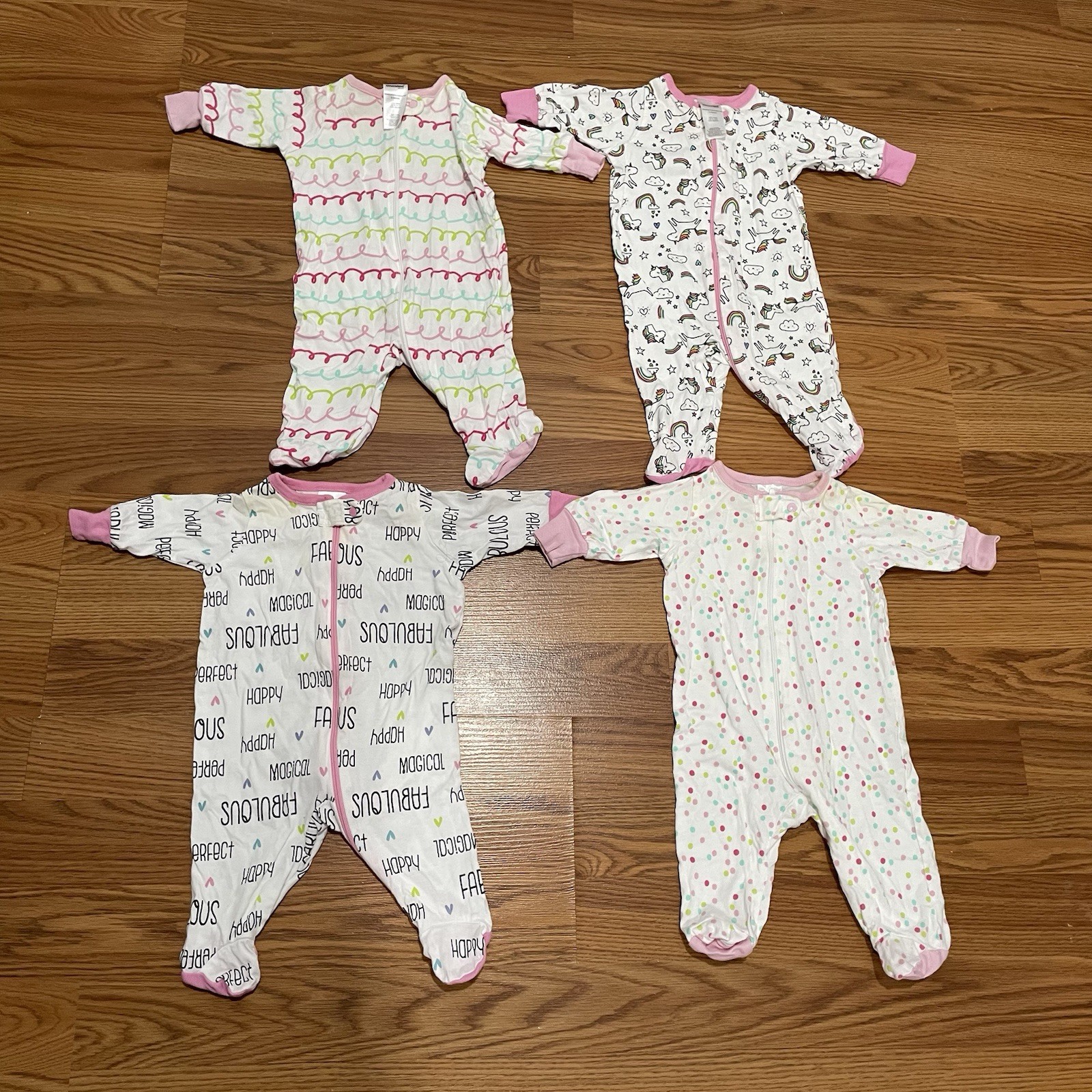 Lot Of 4 Girls Footed Pajams Dotted, Unicorn, Multicolor  Sz Newborn