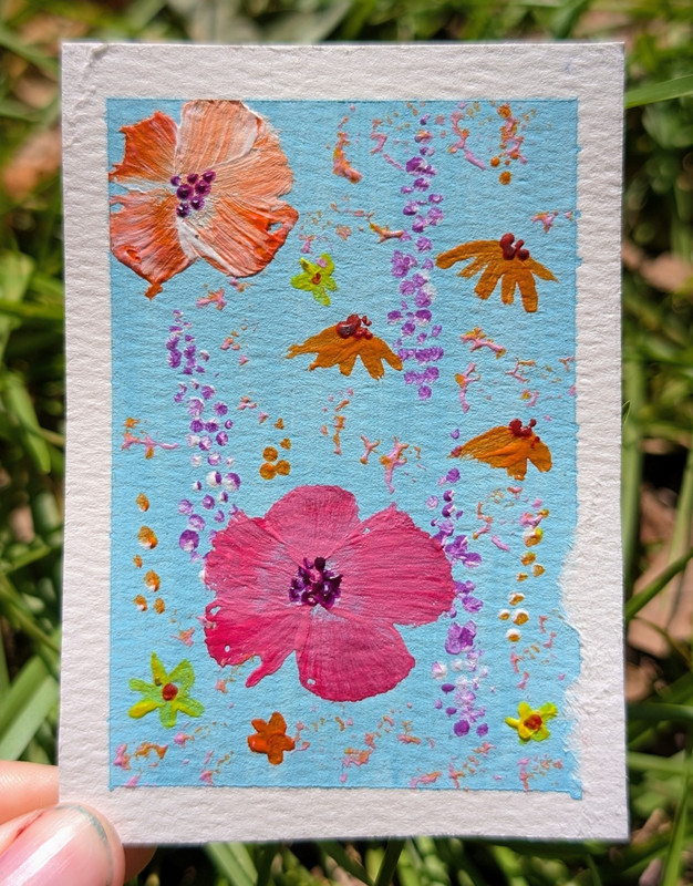 ACEO Original Miniature Abstract Floral Painting on Paper Blue Background Signed