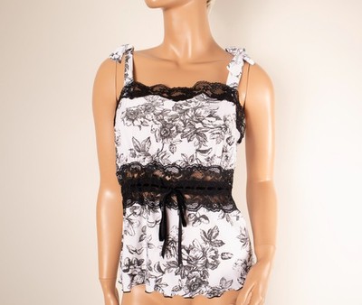 Y2K BISOU BISOU Cami Tank Top MEDIUM Black & White Lace Trim Coquette EUC