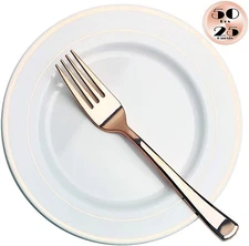 JL Prime 50 Pack 25 Rose Gold 7.35” Small Plastic Plates & 25 Forks Set