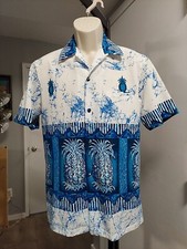 Malihini Men's Vintage Retro Hawaiian White With Blues Loop Collar Shirt, Size M