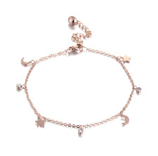 Rose Gold Stainless Steel Moon Star Charms CZ Anklet Foot Ankle Chain 8 2" P10