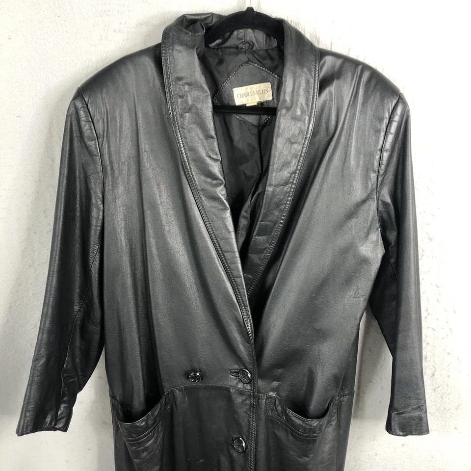 Винтажное мужское пальто Charles Klein средний размер черная кожа полная длина готическая эммо - Изображение 3 из 4