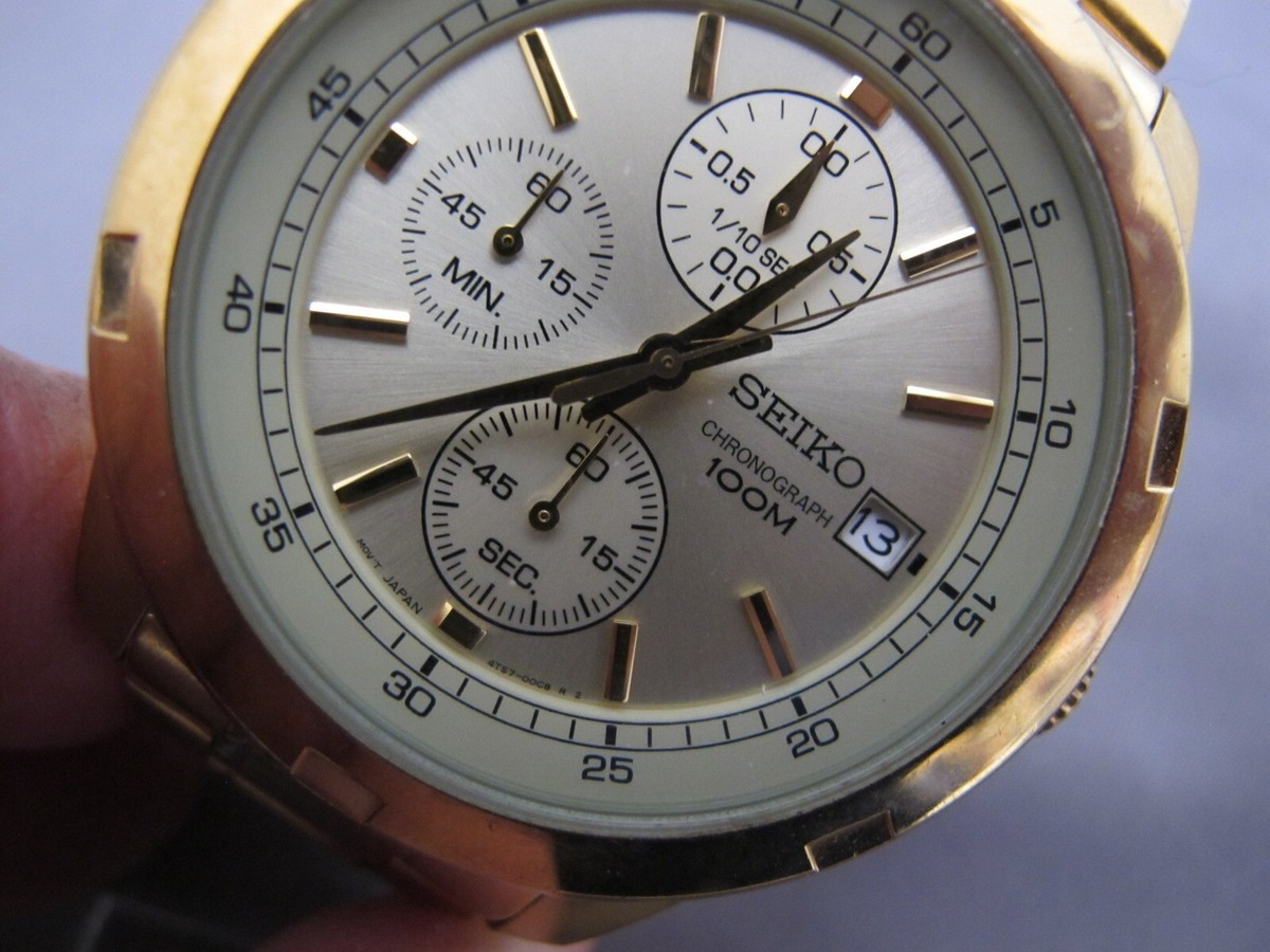Large SEIKO Gold Tone 4T57-00C8 R 2 Quartz CHRONOGRAPH- 5 3/4 Inch