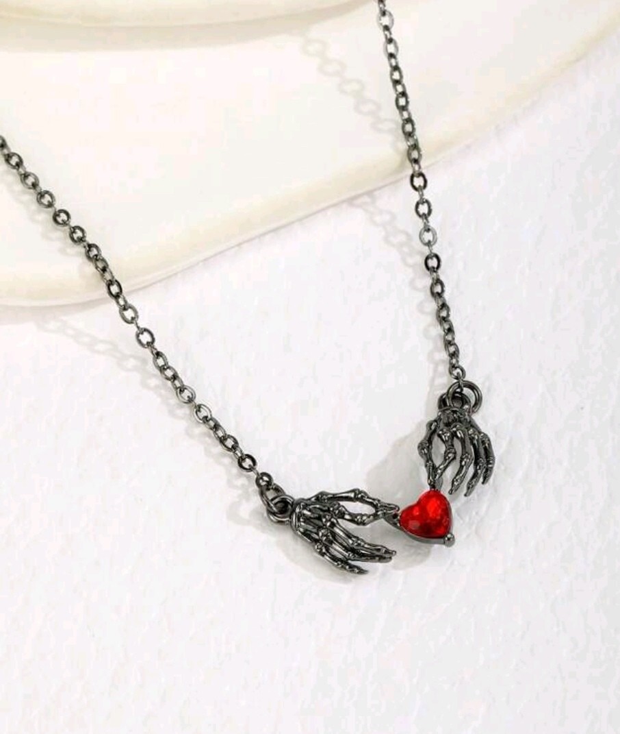 Black Skeleton Hands Red Heart Pendant Necklace Gothic Jewellery