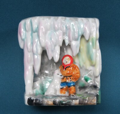 Vintage Eskimo with Husky Sled Dog in Ice Cave Vase Alaska Canada Souvenir made 