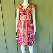 CHETTA B Pink Print Silk Chiffon Dress 4 Smocked Waist