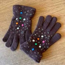 Vintage 90s Kids / Children  s Knit Gloves Brown with Multicolored Gems Metallic