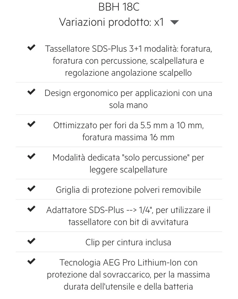 AEG TASSELLATORE MARTELLO COMPATTO SDS-PLUS BBHC18-0 MODALITA' 3+1  NO BATTERIA - Immagine 3 di 4