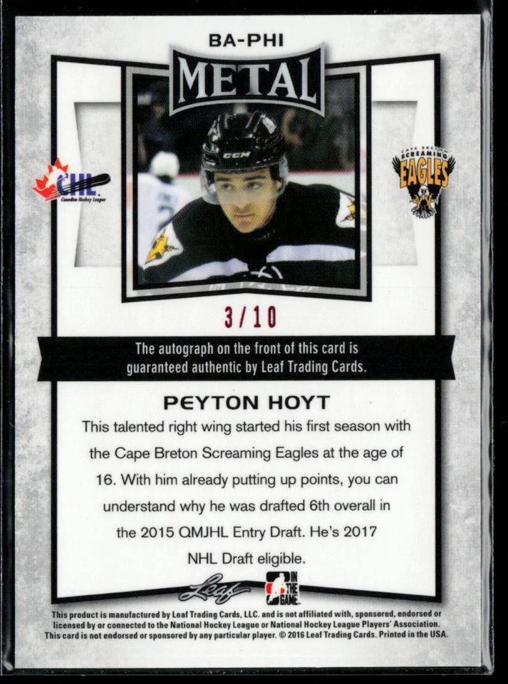2016-17 Leaf Metal Prismatic Pink #BA-PH1 Peyton Hoyt 3/10 - Image 2 of 2
