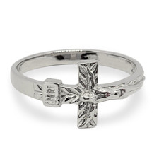 Solid 10K White Gold Cross Ring, Sizes 3 - 12, Crucifix, INRI