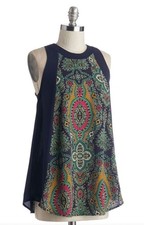 Francesca's Blue Rain Blouse Swing Navy Career Top USA Made Paisley Boho Sz S