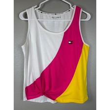 Tommy Hilfiger Sport Women L Color Block Tank Top Knot Front White Pink Yellow