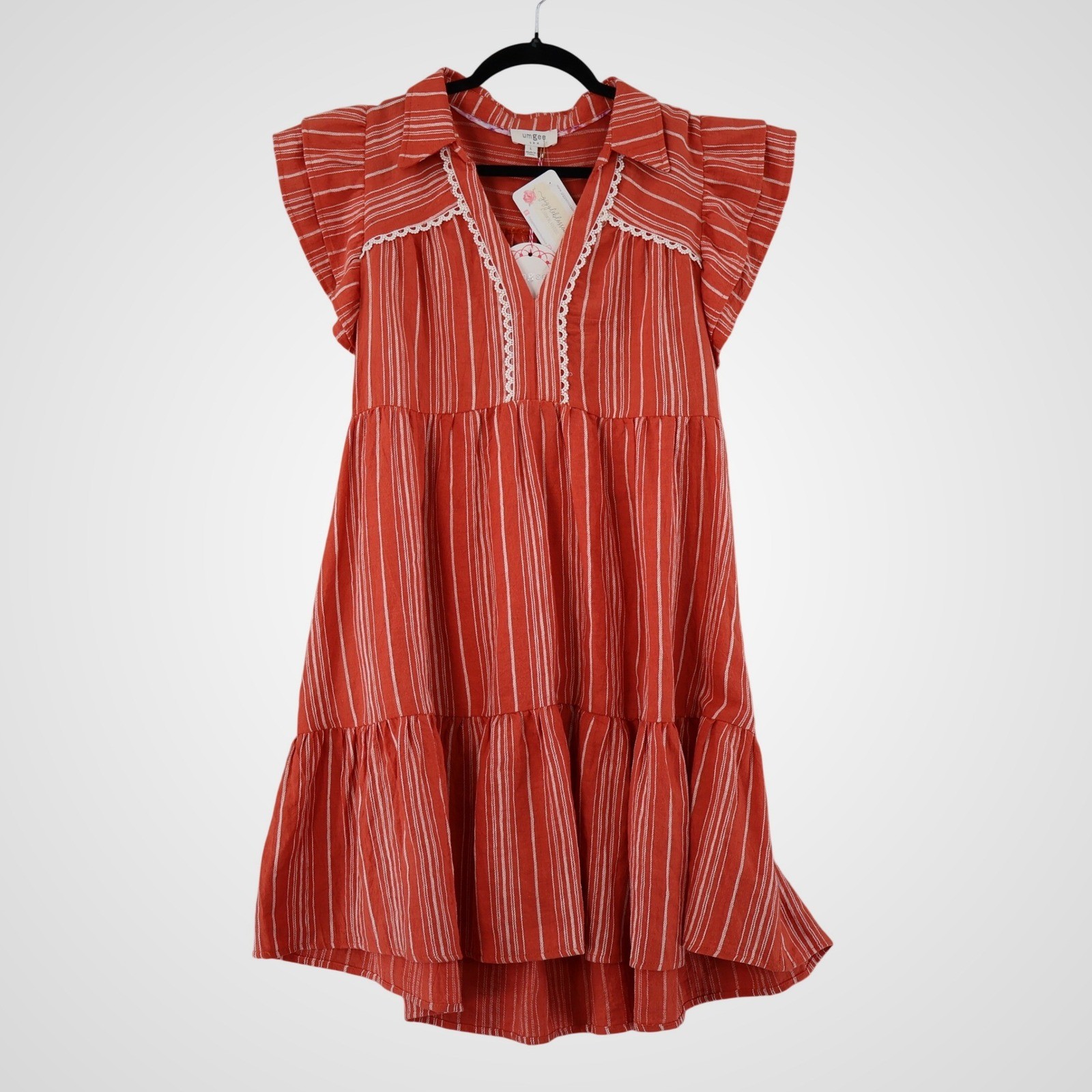 Umgee Tiered Mini Dress Womens Large Orange Boho Linen Cotton Girlhood NWT