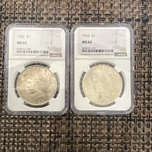 2- 1922 Peace Dollar NGC MS 62 Silver $1 Coins Pair