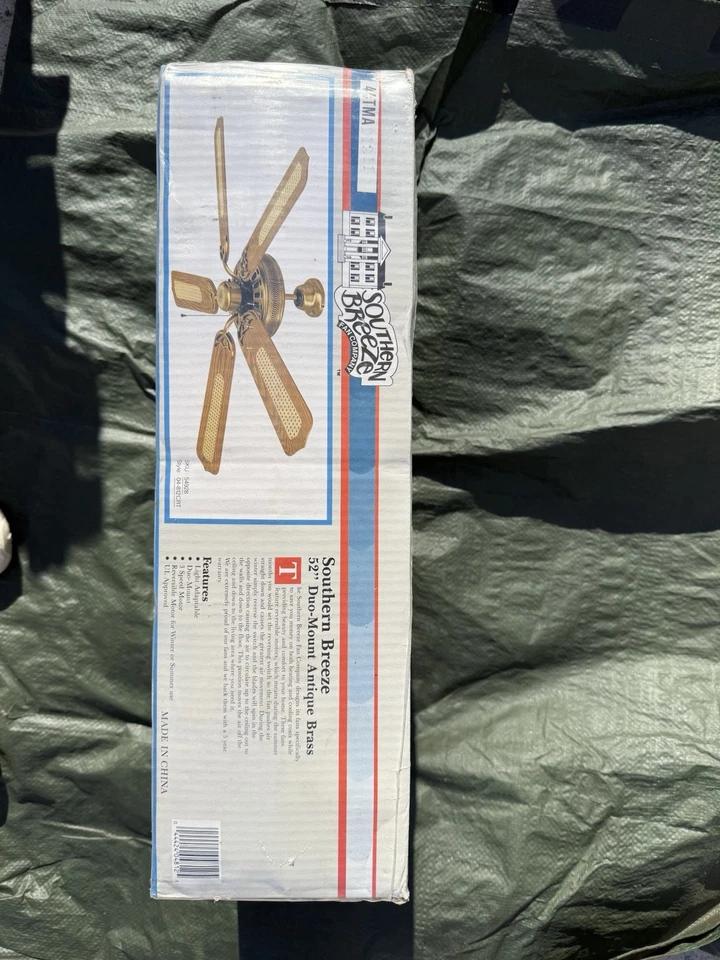 52” Antique Brass Ceiling Fan Oak Wicker Rattan 5 Blades Vintage NOS Duo-Mount - Image 3 of 4