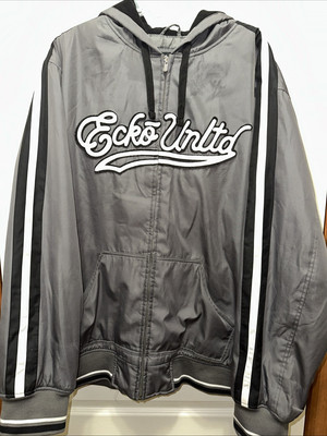 Vtg Y2K Ecko UNLTD Jacket Mens 2XL Track Windbreaker Gray Hooded Oversized