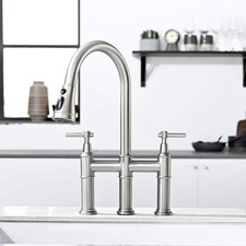 3 Hole Brushed Nickel Bridge Kitchen Faucet with Pull Down Sprayer