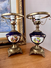 French Vintage Old Two Ceramic & Brass Lamps