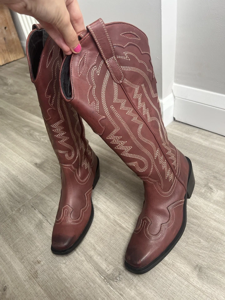 Urban Outfitters Cowboy Tan Dallas Western Leather Boots Western In Red UK 5 - Image 2 of 4