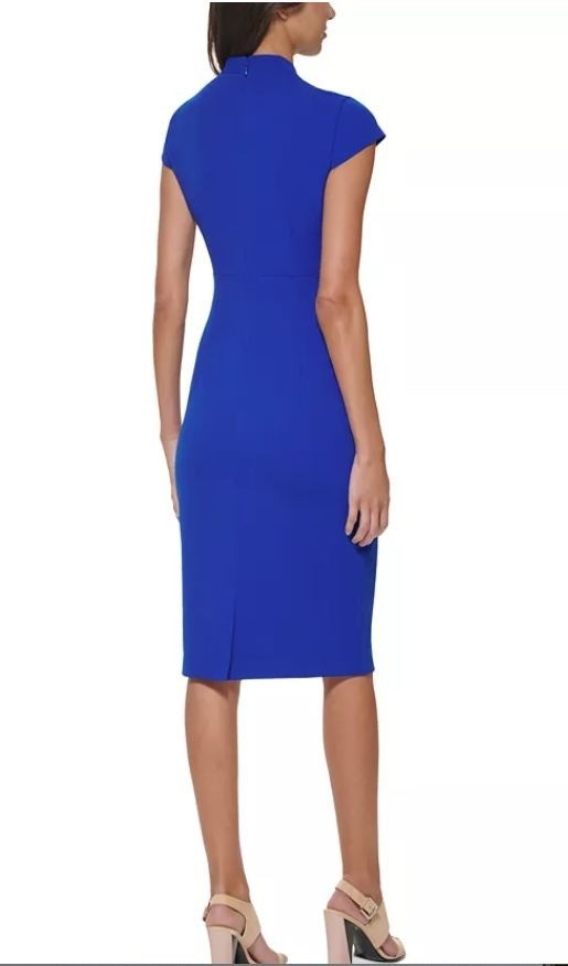 Calvin Klein Womens Blue V Neck Cap Sleeve Work Sheath MIdi Dress Sz 6 New image 4