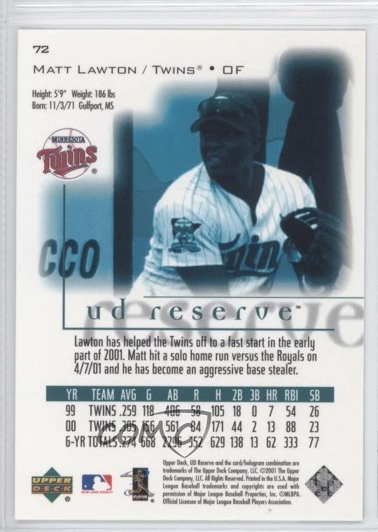 2001 Upper Deck Reserve Matt Lawton #72 - Image 2 of 2
