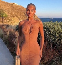House of CB Tiarra Ruched Bodycon Dress in Tan Size Large