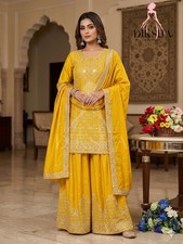 Yellow Embroidered Gharara Suit Women Indian Pakistani Wedding Party Wear