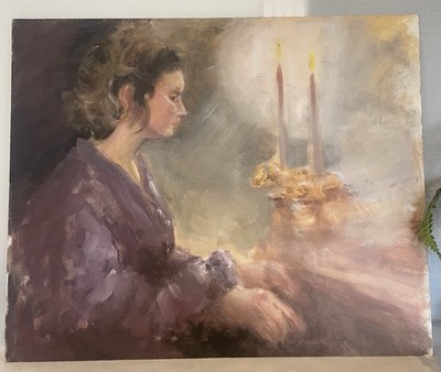 Vintage Ölgemälde Frauenportrait Kerzenlicht stimmungsvoll Impressionist groß