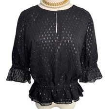 Halston Heritage metallic silk romantic ruffle poets blouse black size 2