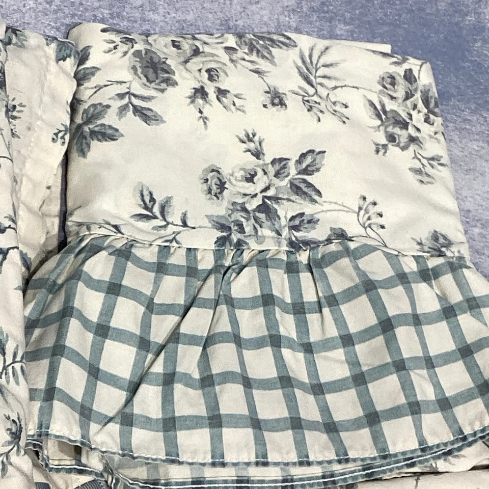 Waverly Full Flat Sheet & 4 Pillowcase Blue Floral w/ Check Ruffle & Ribbon Trim - Image 4 of 4