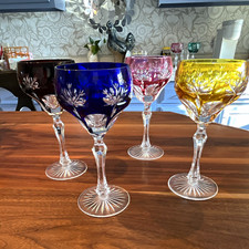 Set of 4 vintage Ajka, Hungrary multi colored cut to clear wine glasses